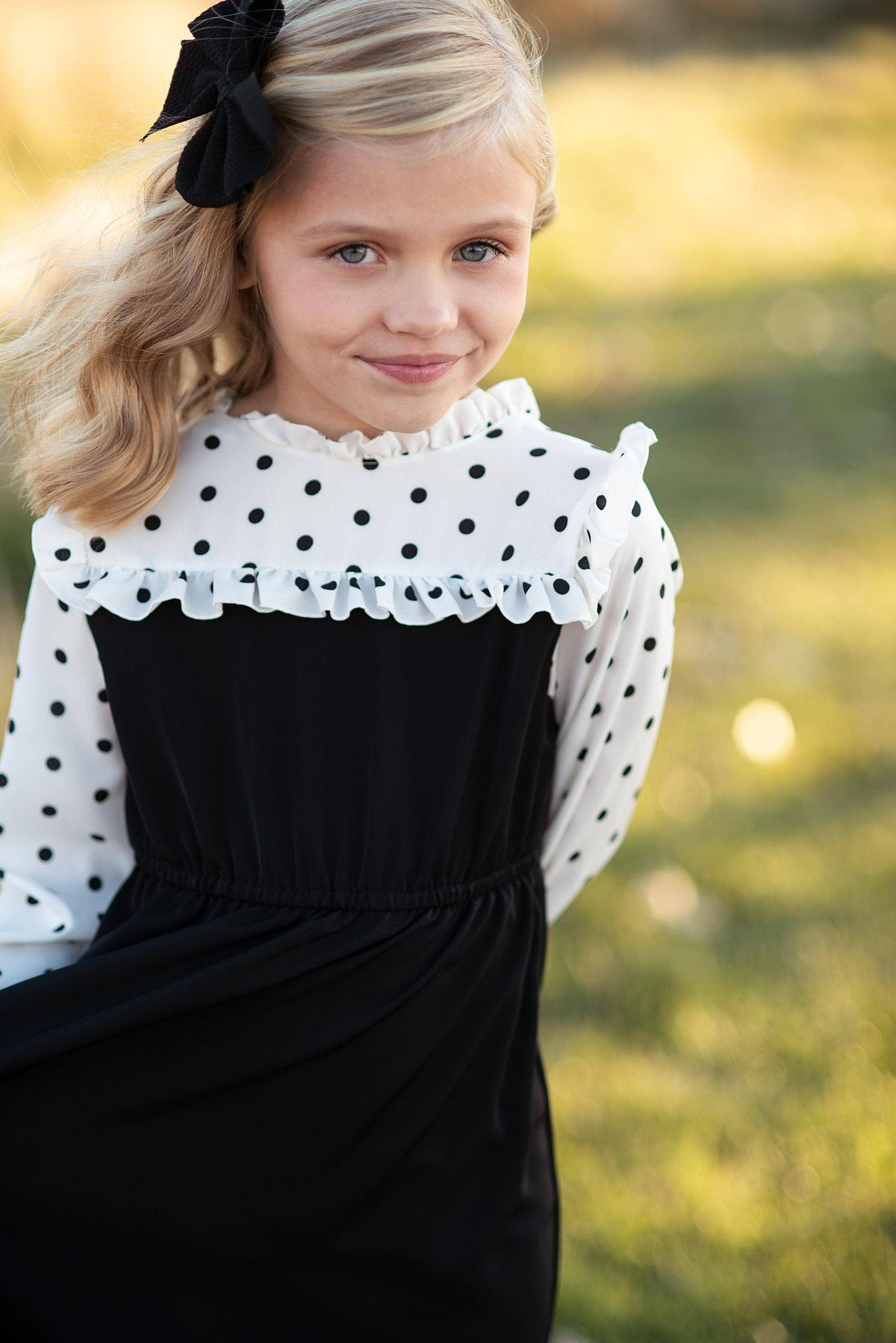 Girls Classic Black Polka Dot Ruffle Yolk Dress: