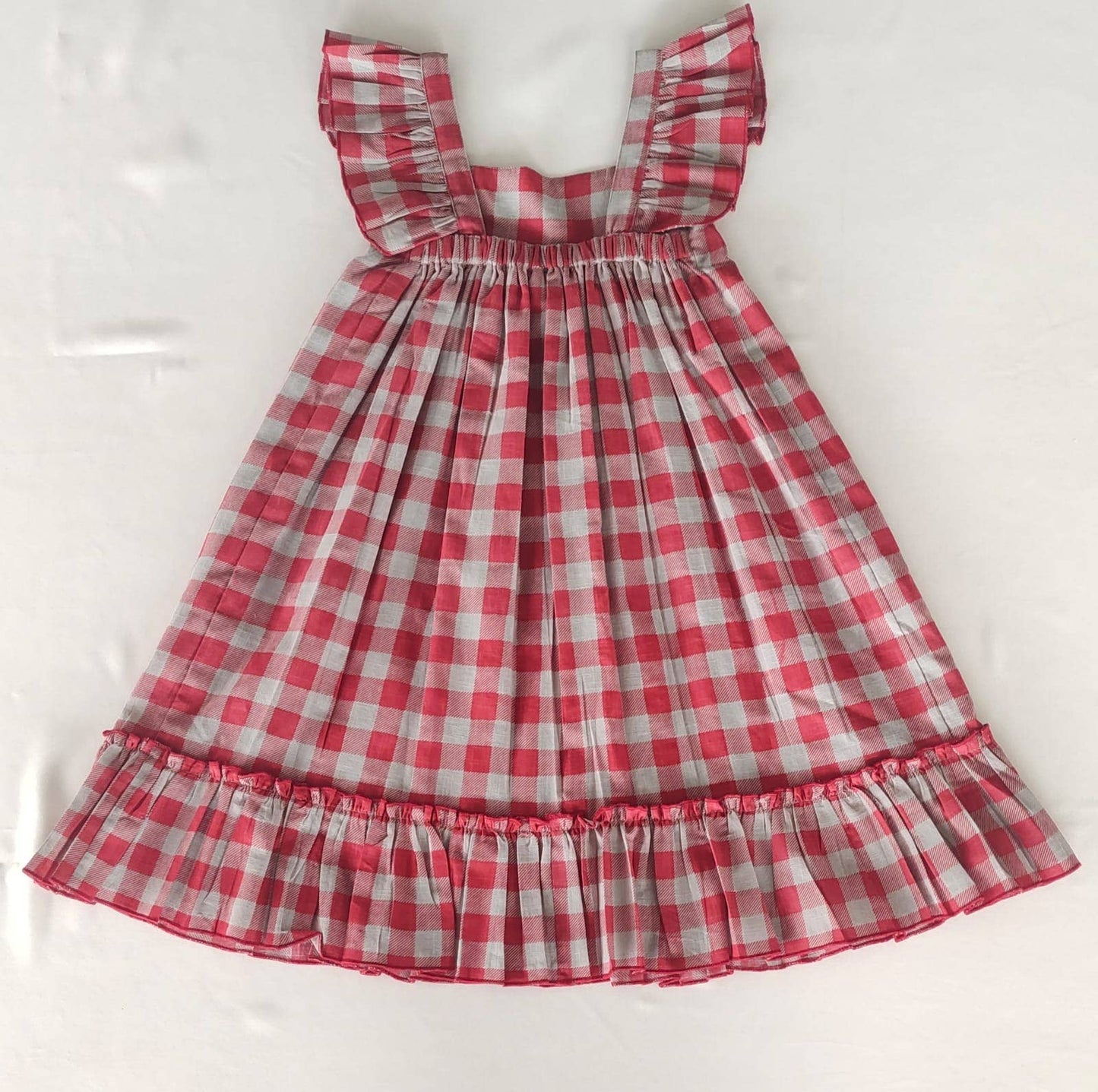 Cotton Red Checked Ruffled Sleeve Dress (*Runs Big)