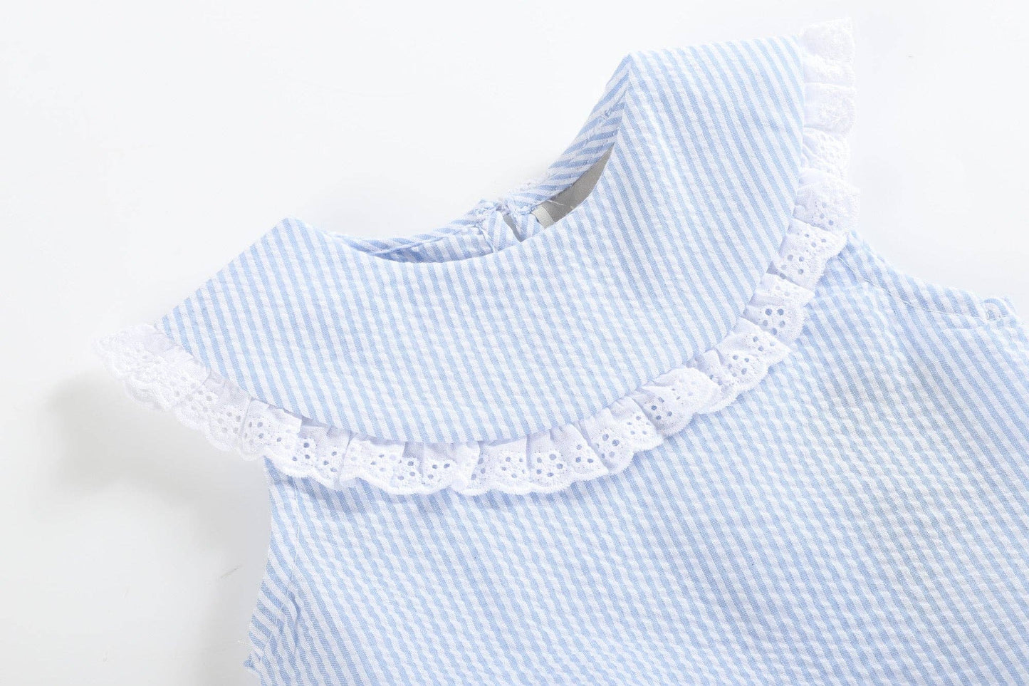 Classic Light Blue Seersucker Collared Baby Bubble Romper: