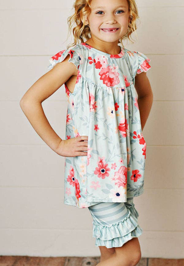 Girls Mint Floral Striped Ruffle Short Set