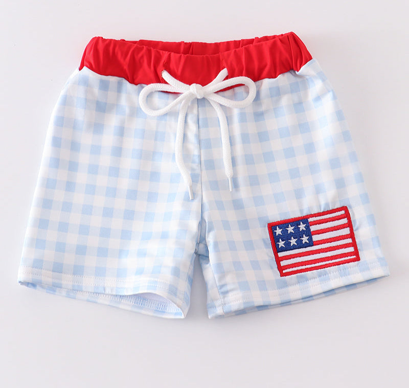 Patriotic Plaid Flag Embroidery Boy Swim Shorts