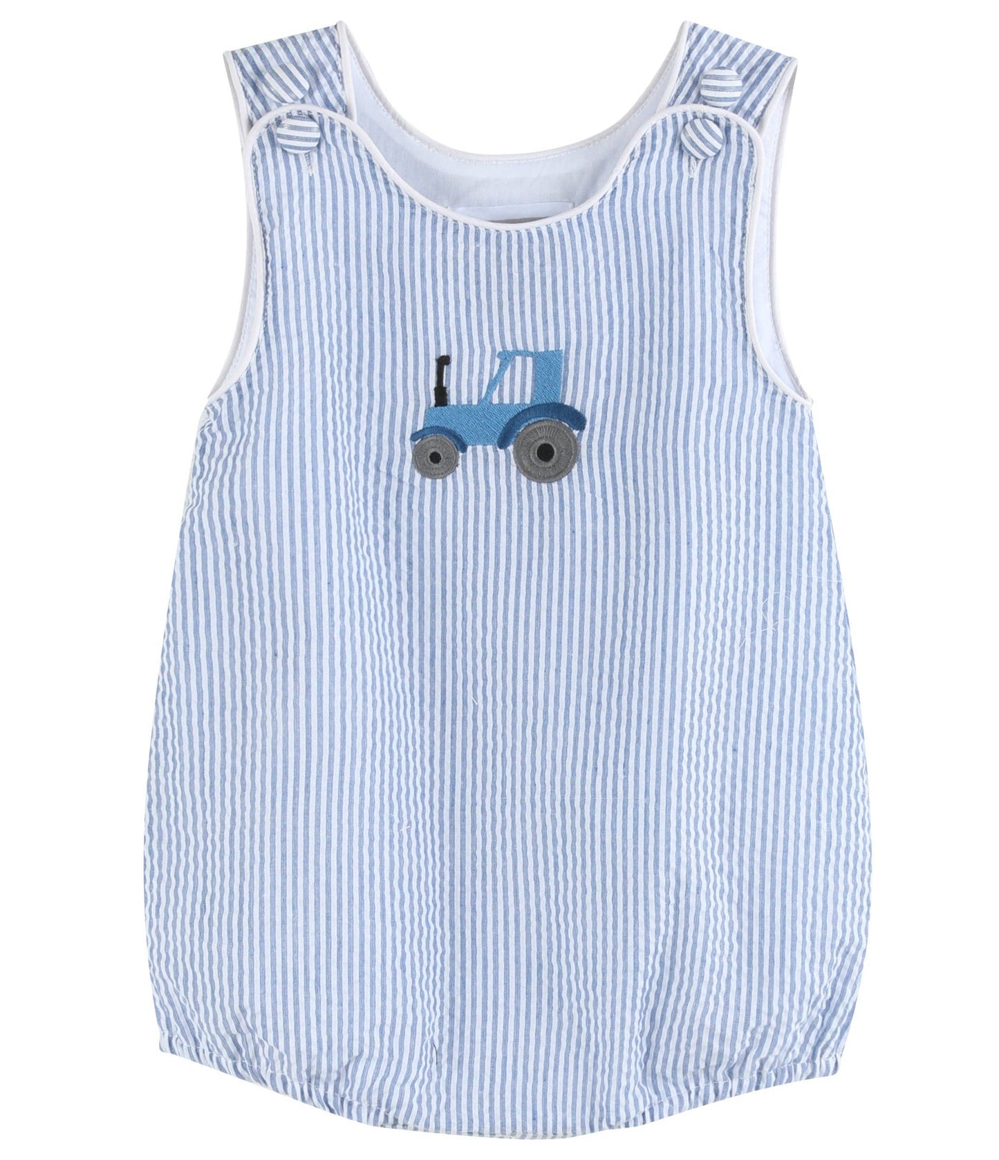 Dark Blue Tractor Seersucker Bubble Romper: