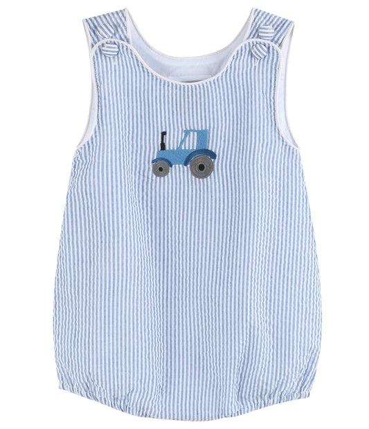 Dark Blue Tractor Seersucker Bubble Romper: