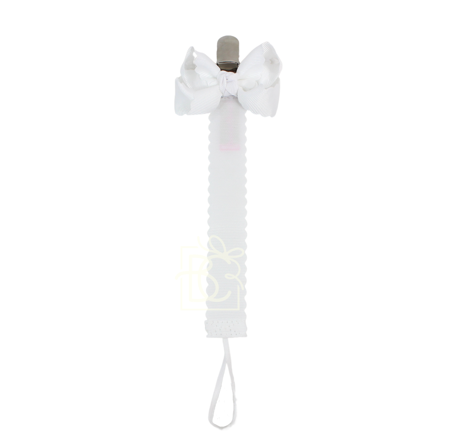 Scalloped Grosgrain Pacifier Clip w/ Detachable Bow: White