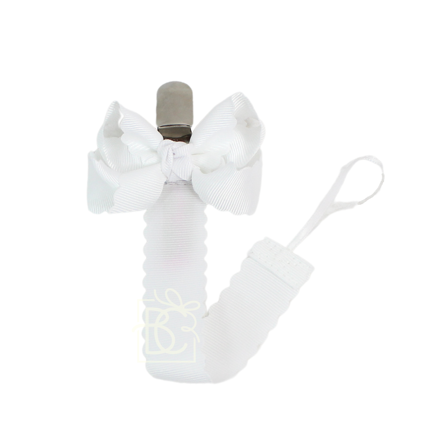 Scalloped Grosgrain Pacifier Clip w/ Detachable Bow: White