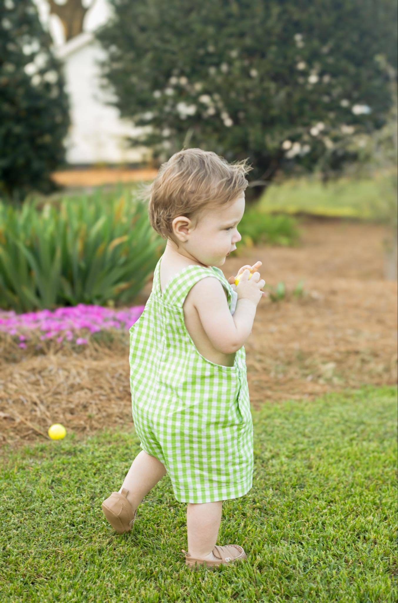 Fore! Boys' Gingham Shortall with Golf Cart Applique:
