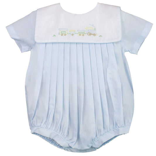 Romper with Train Embroidery in Blue: Newborn