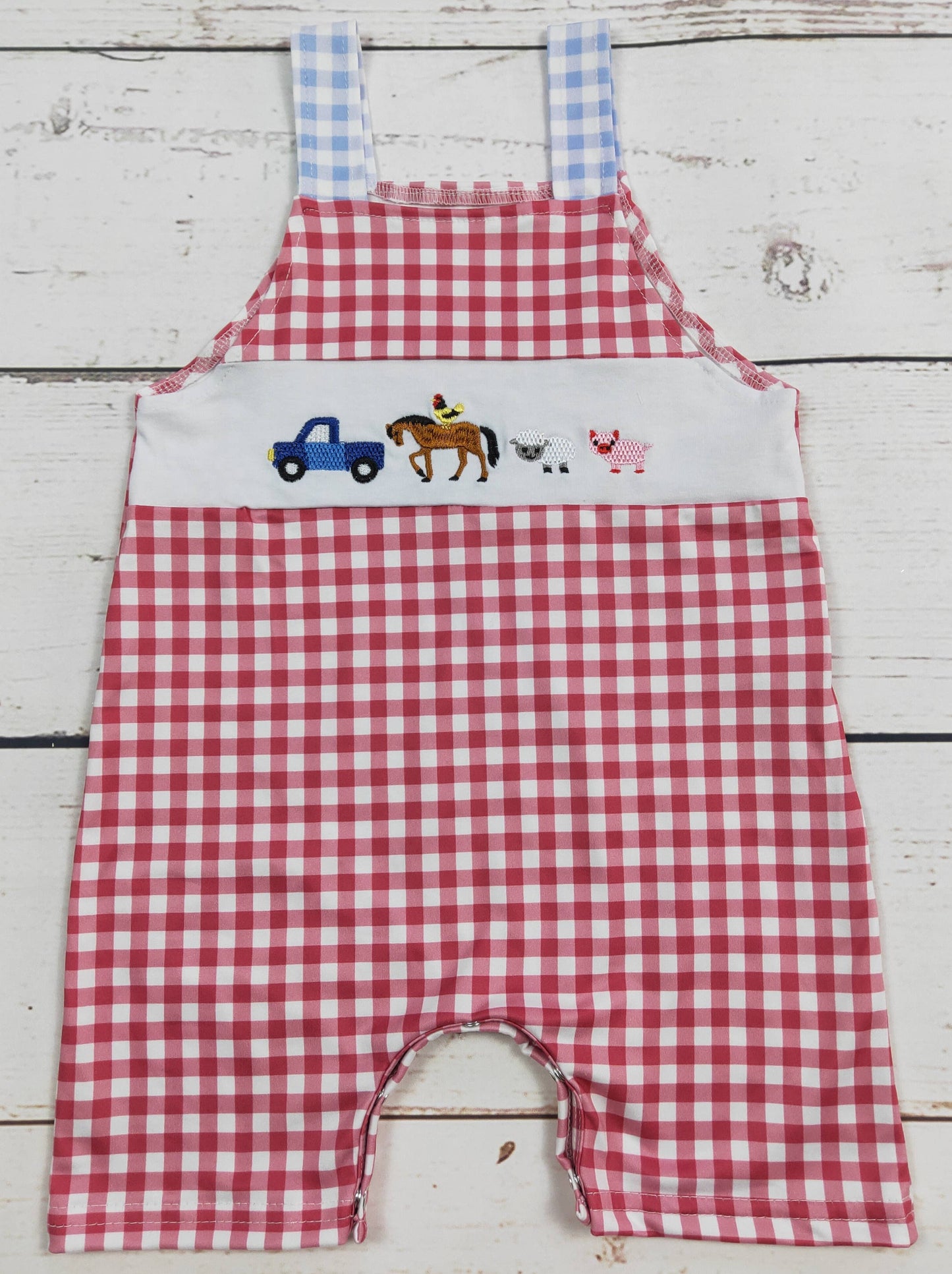 Baby Boy Checkered Farm Romper: