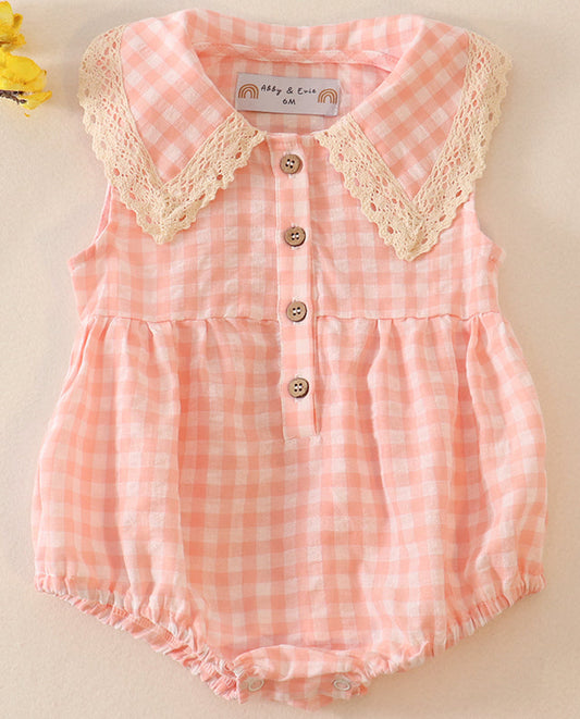 BLUSH PLAID LINEN BUTTON GIRL BUBBLE; 12M