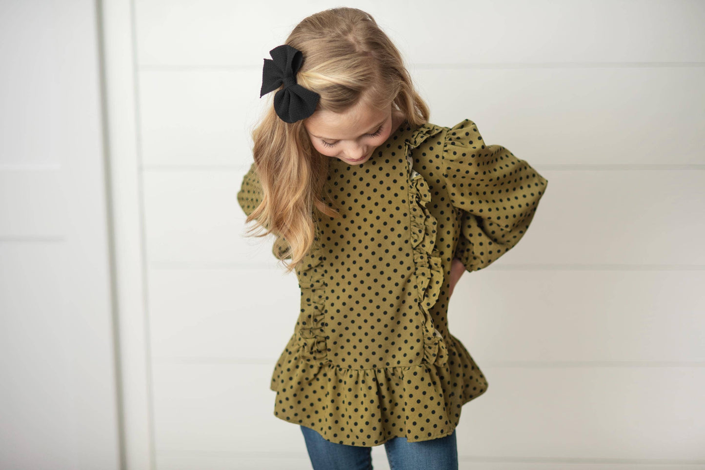 Girls Olive Black Polka Dot Long Sleeve Ruffle Fall Shirt :