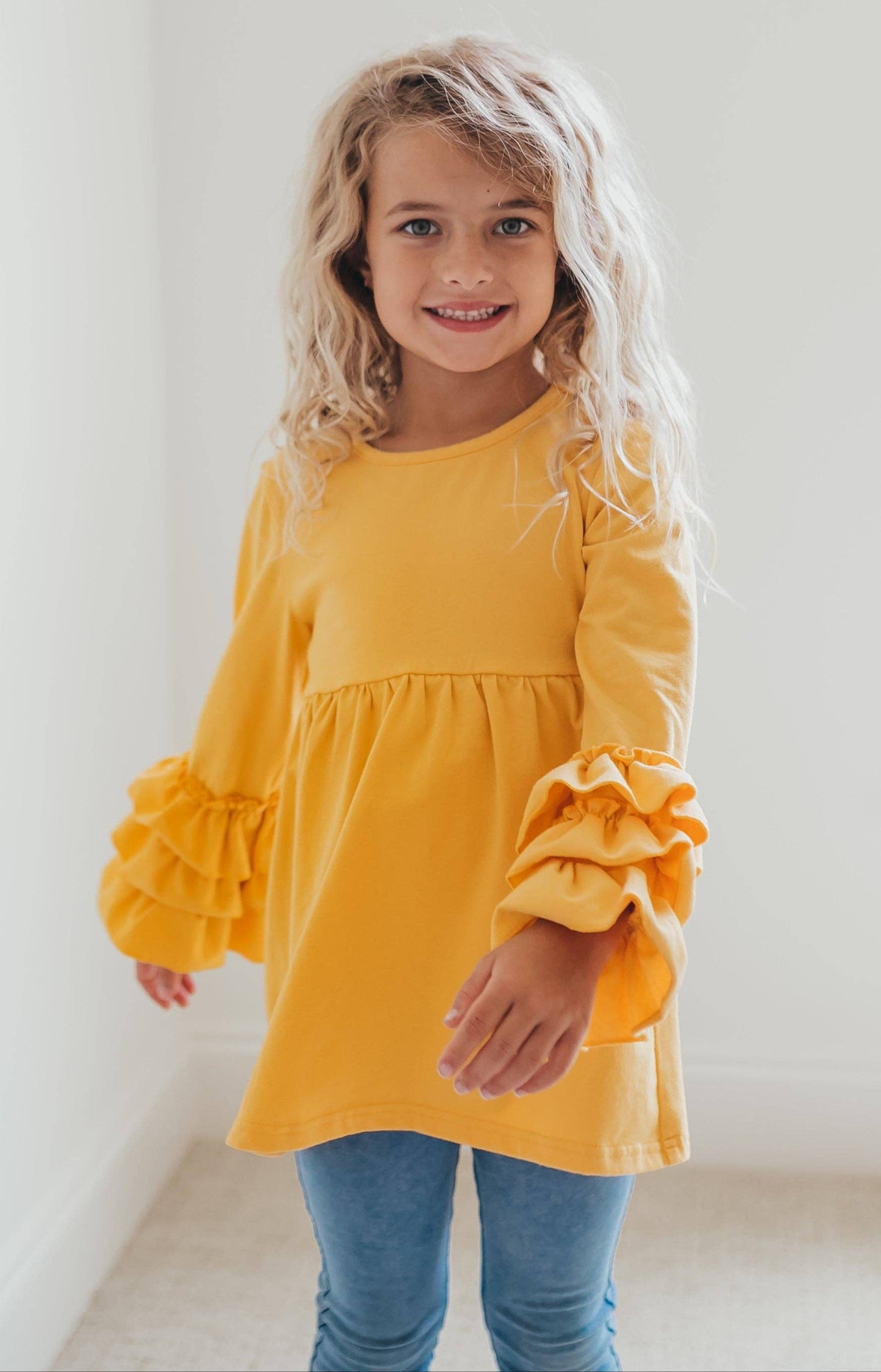Girls Mustard 3 Ruffle Sleeve Blouse Summer Shirt: 5/6