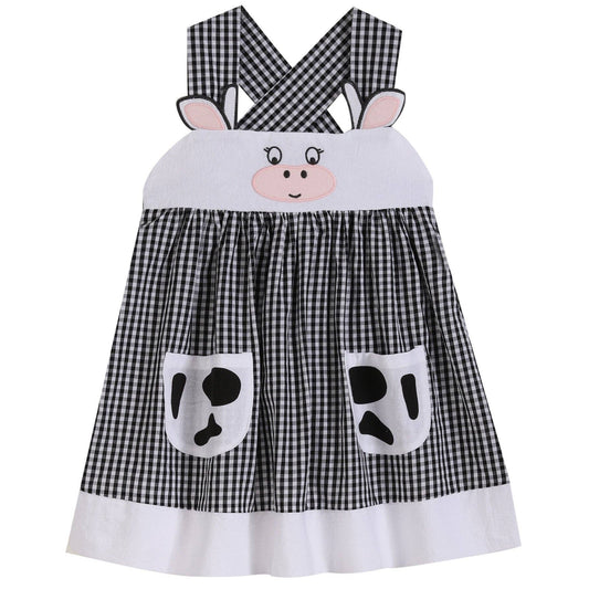 Black Gingham Cute Cow Pocket Sundress: 5Y