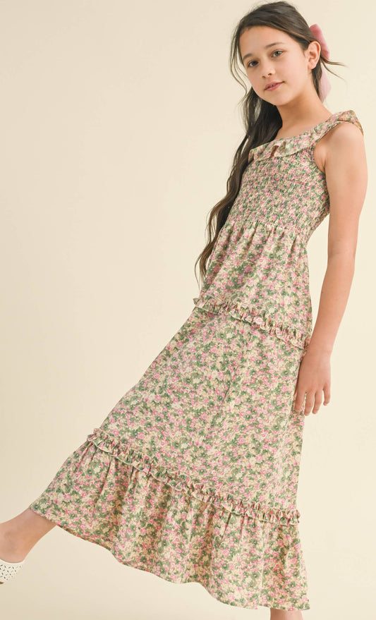 TWEEN GIRLS KIDS RUFFLE SMOCKED MAXI DRESS