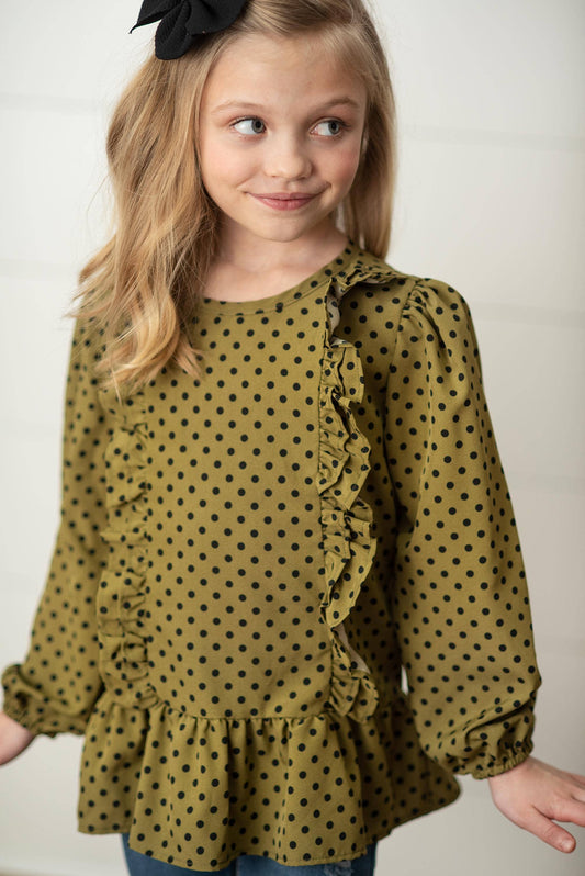 Girls Olive Black Polka Dot Long Sleeve Ruffle Fall Shirt :