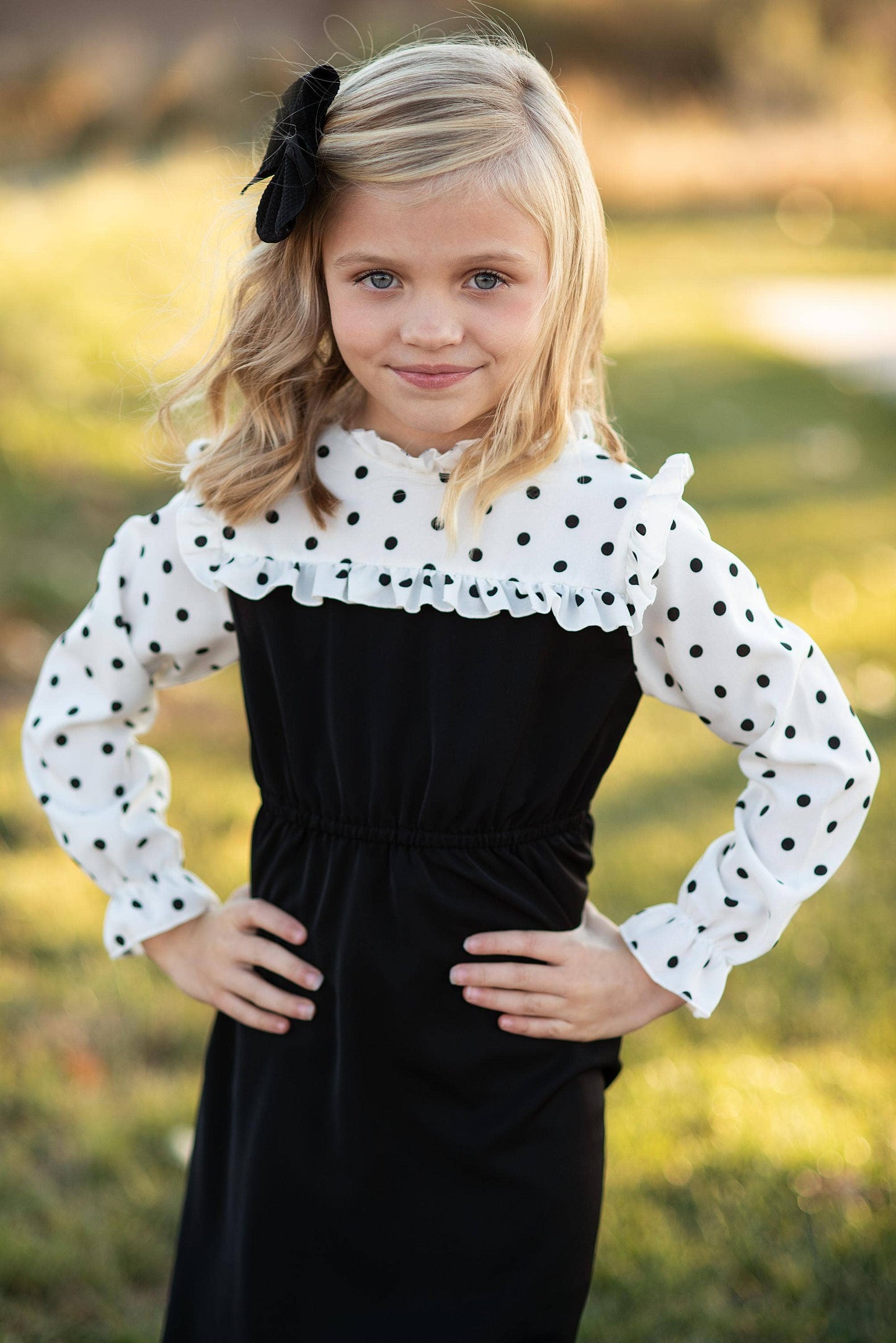 Girls Classic Black Polka Dot Ruffle Yolk Dress: