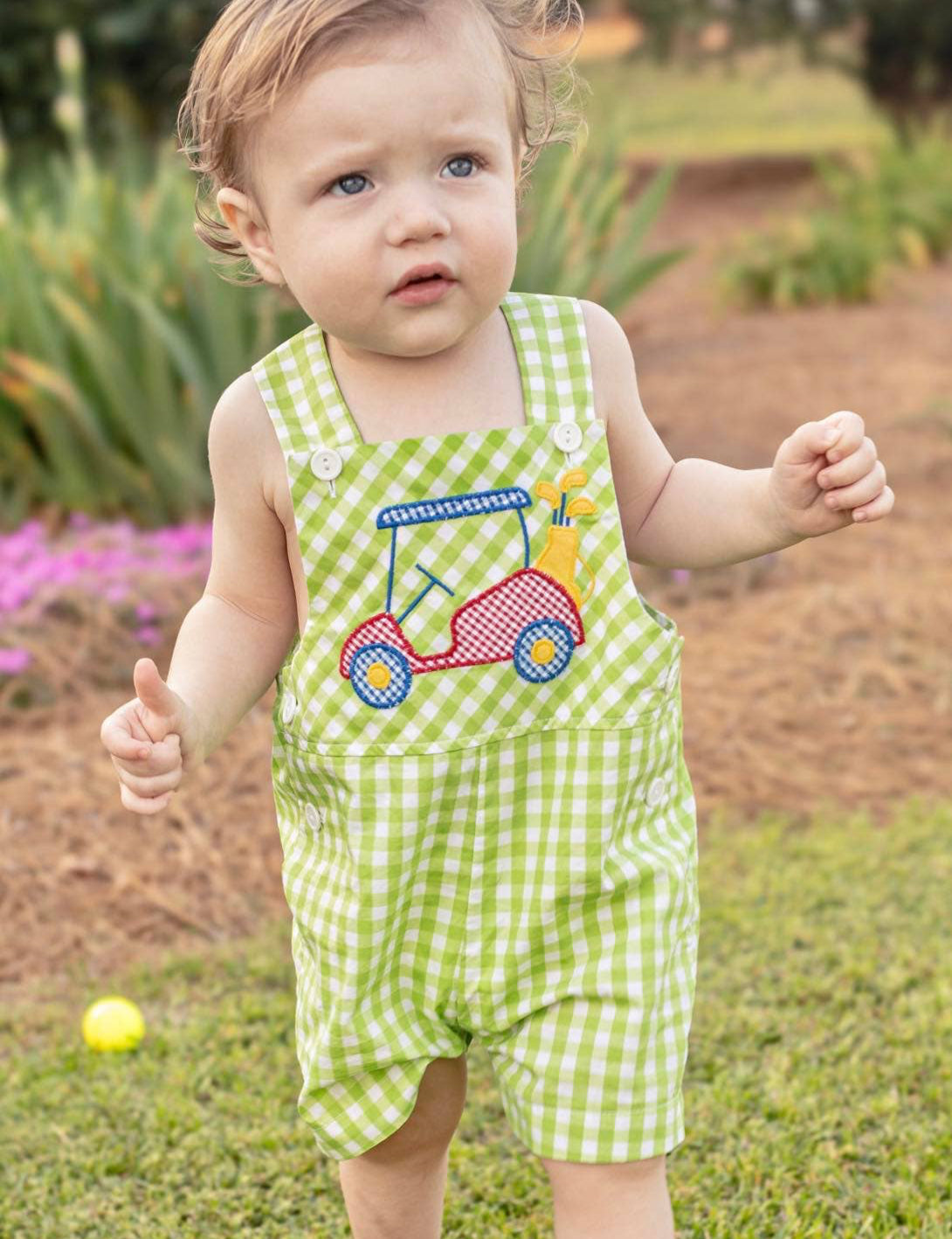Fore! Boys' Gingham Shortall with Golf Cart Applique: