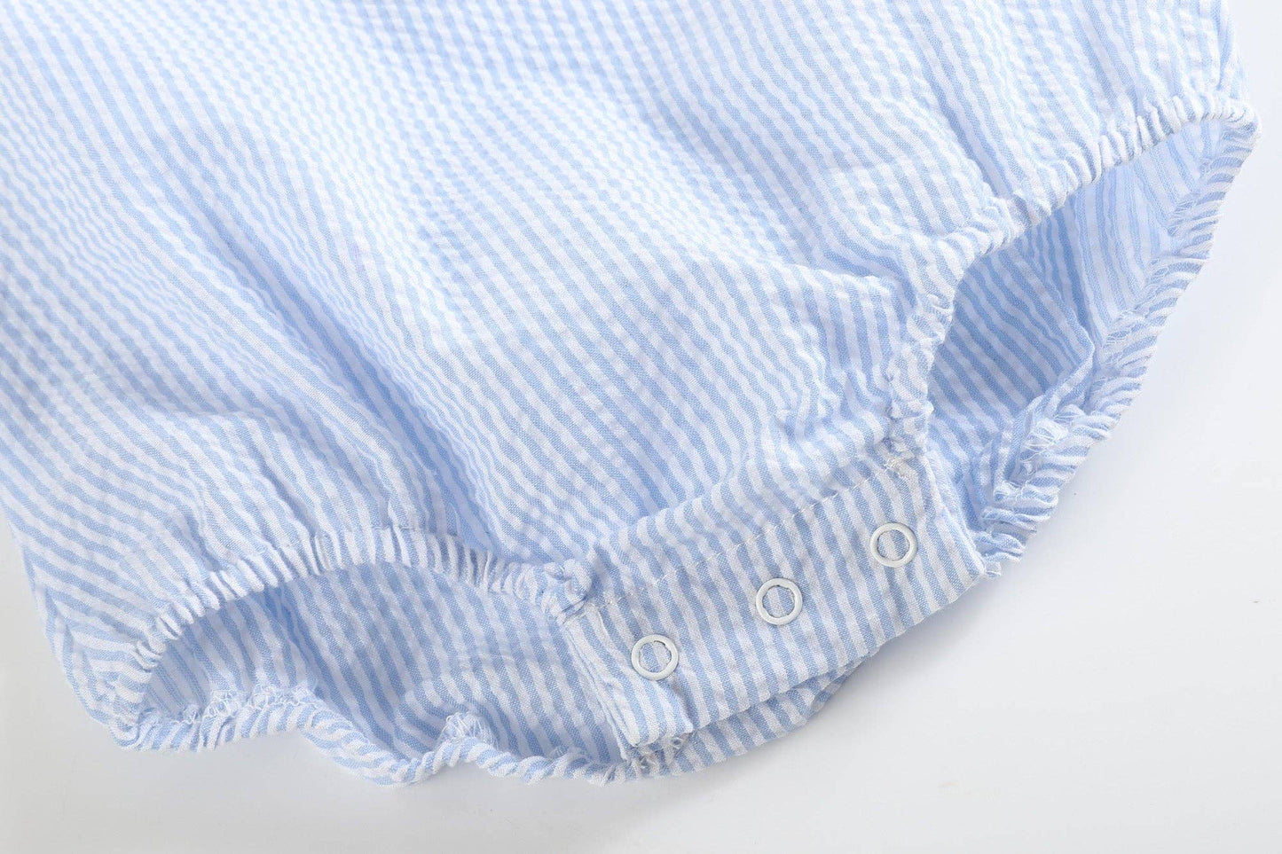 Classic Light Blue Seersucker Collared Baby Bubble Romper: