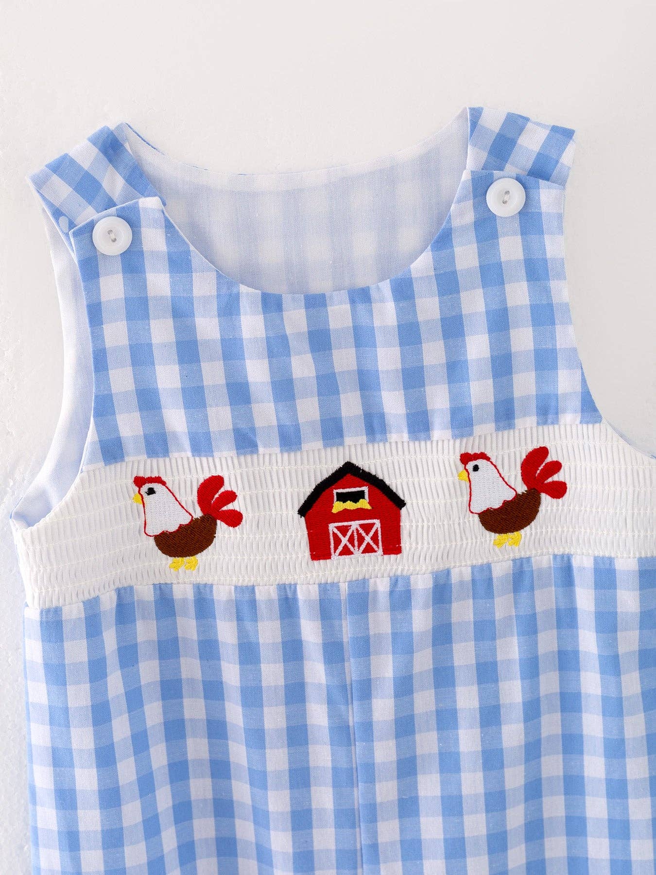 Farm Boys Plaid Woven Smocking Embroidered Romper: Blue / 6M