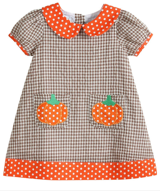 Brown Gingham and Orange Pumpkin A-Line Dress