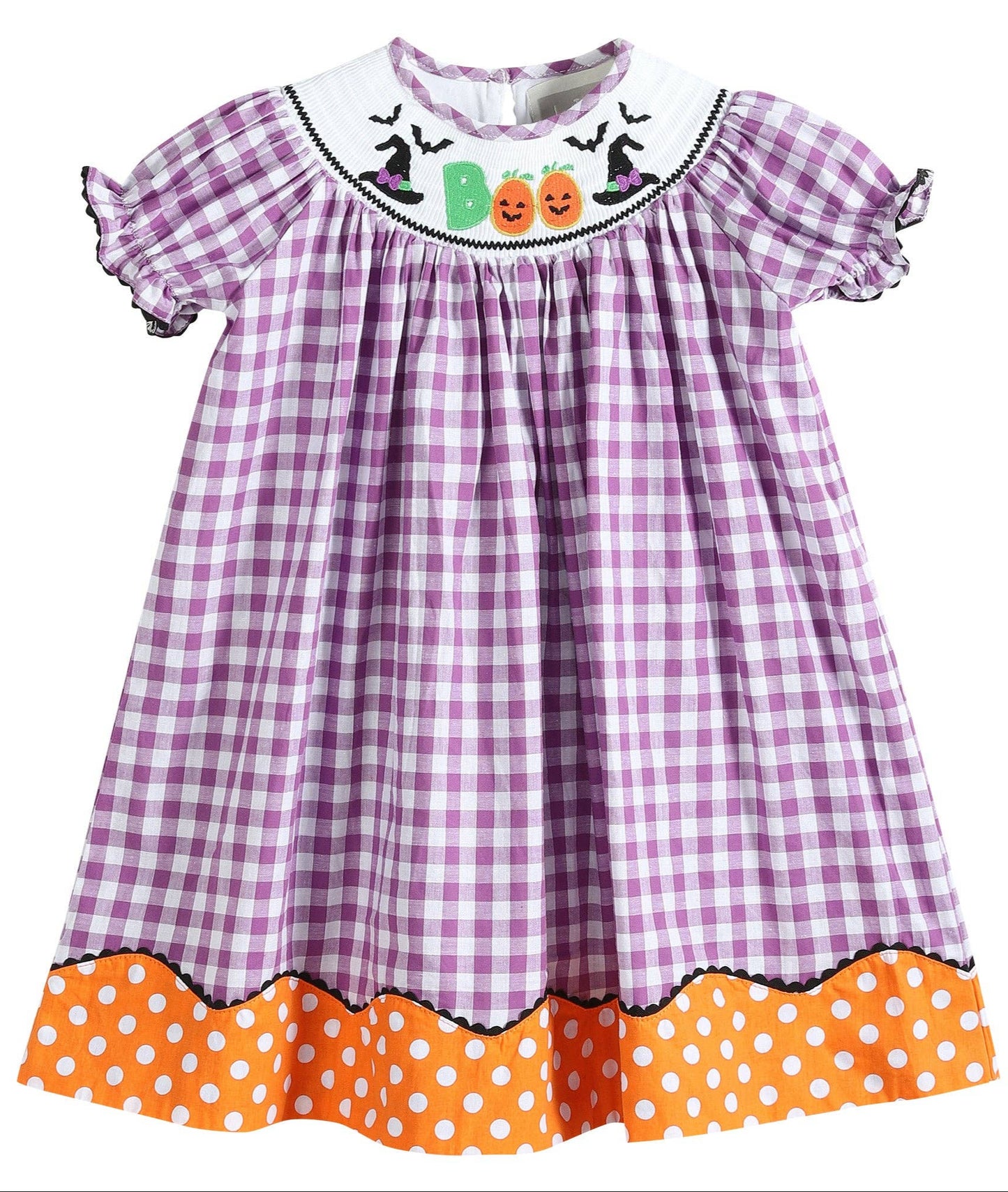 Purple Gingham Halloween Boo Smocked Bishop Dress