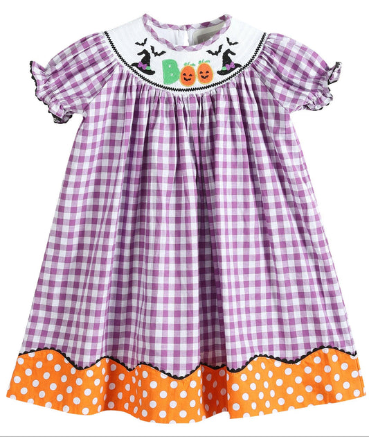 Purple Gingham Halloween Boo Smocked Bishop Dress