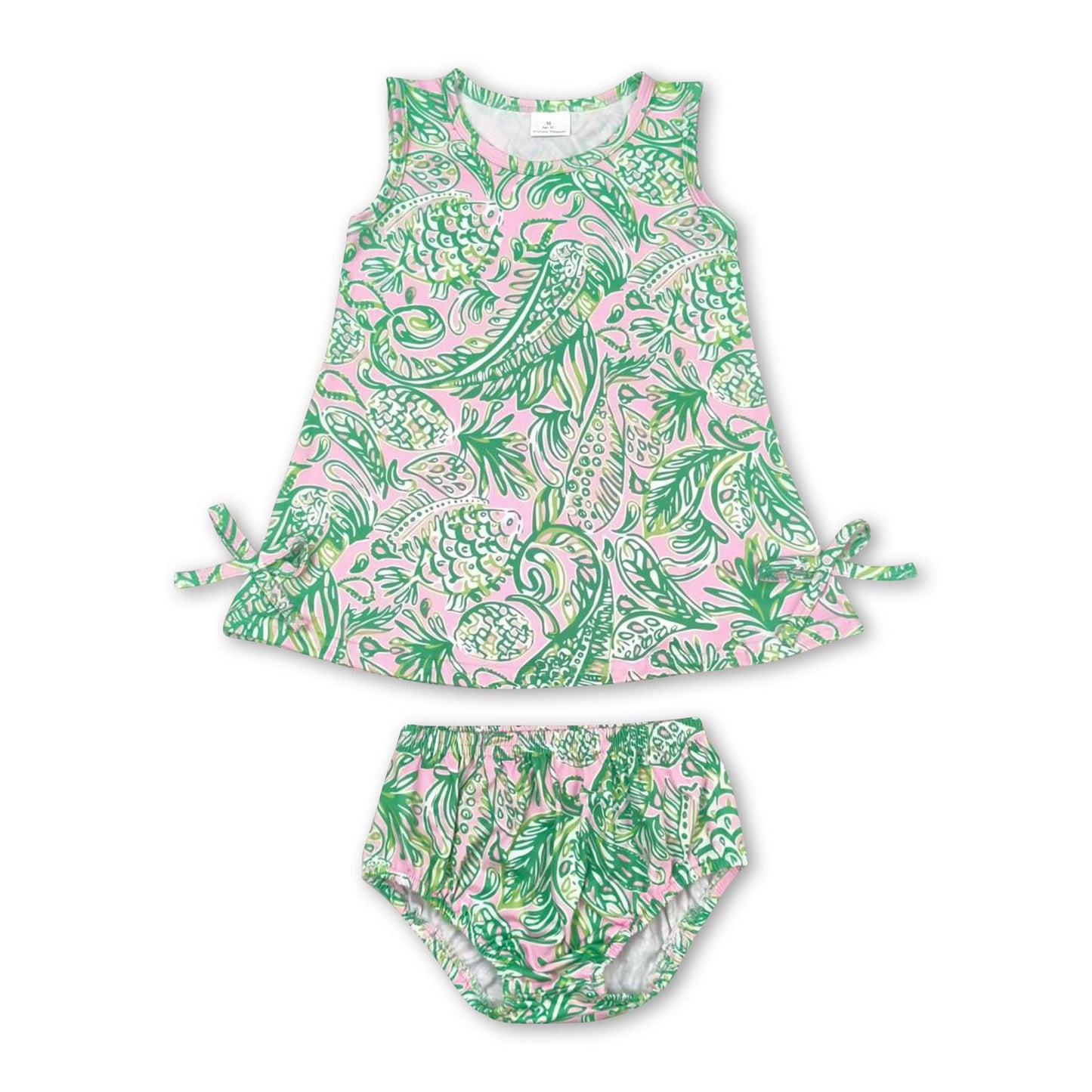 Sleeveless green pink Lily Like baby girls bummies set