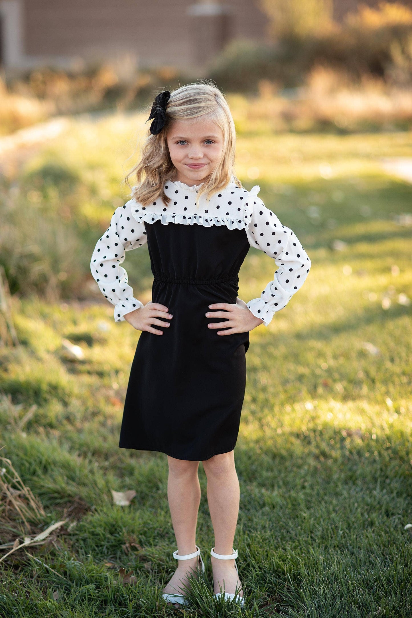 Girls Classic Black Polka Dot Ruffle Yolk Dress: