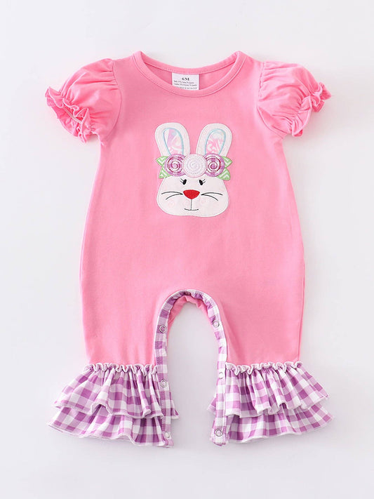 Magenta/Pink plaid rabbit ruffle baby romper:
