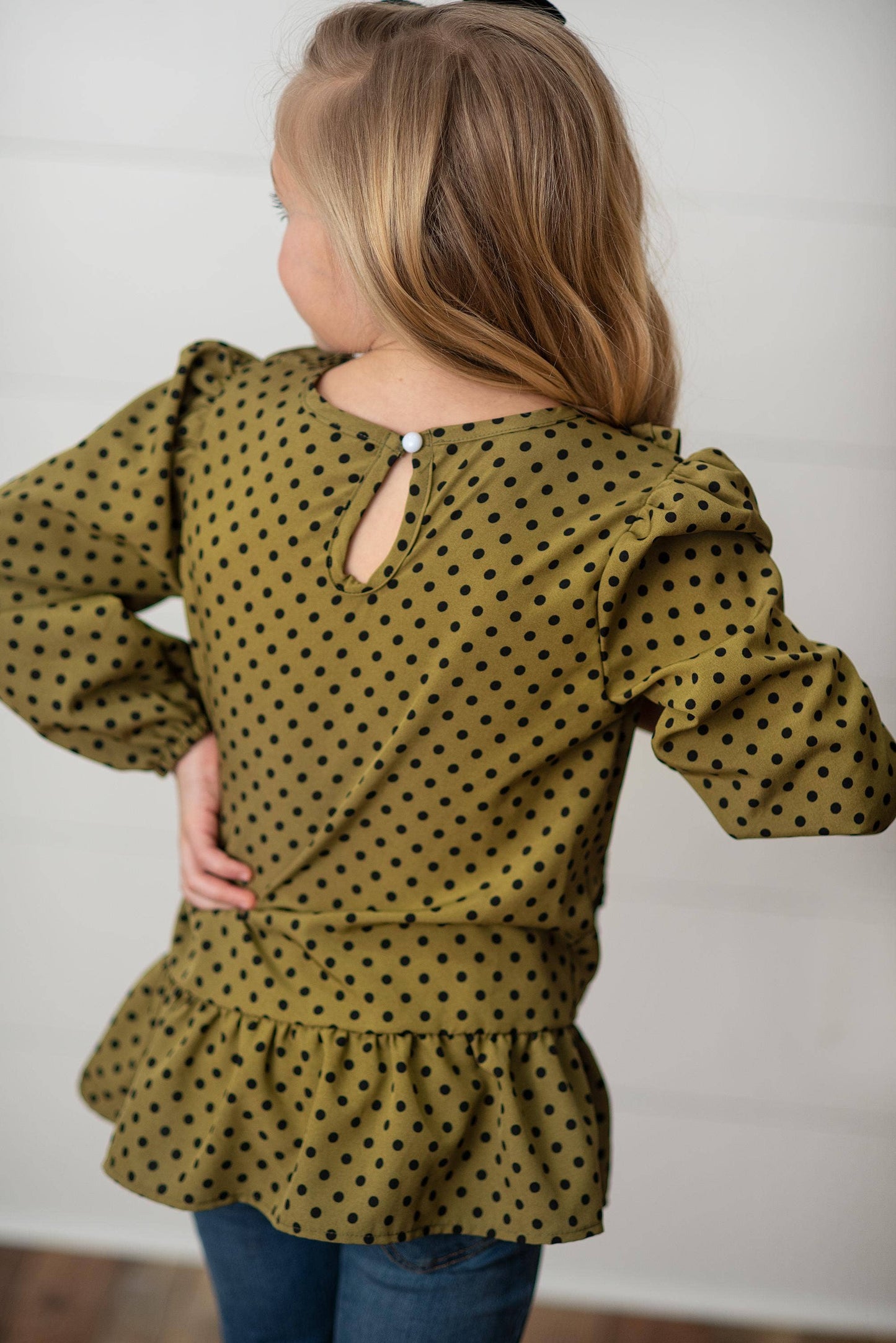 Girls Olive Black Polka Dot Long Sleeve Ruffle Fall Shirt :