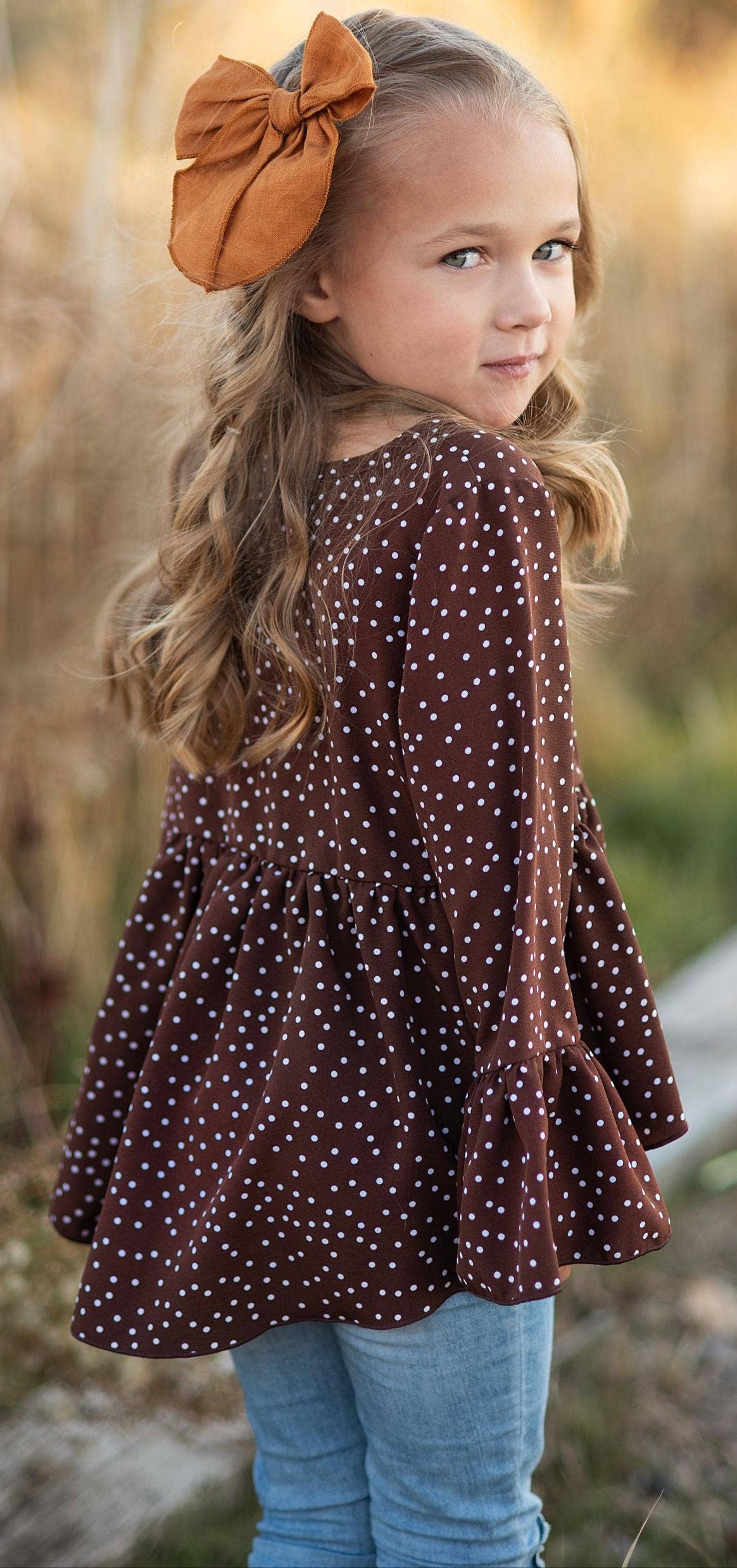 Girls Brown Polka Dot Hi Lo Ruffle Shirt Blouse: 10/12