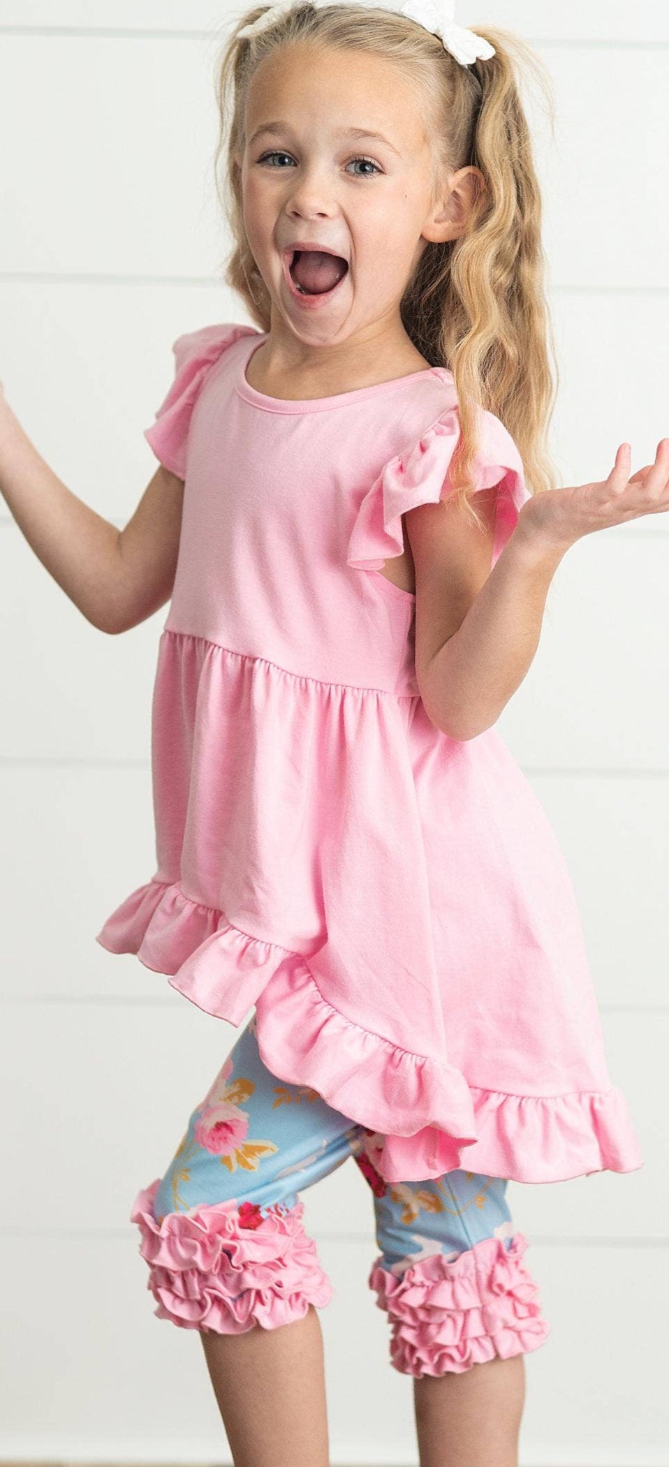 Girls Pink Floral Ruffle Set