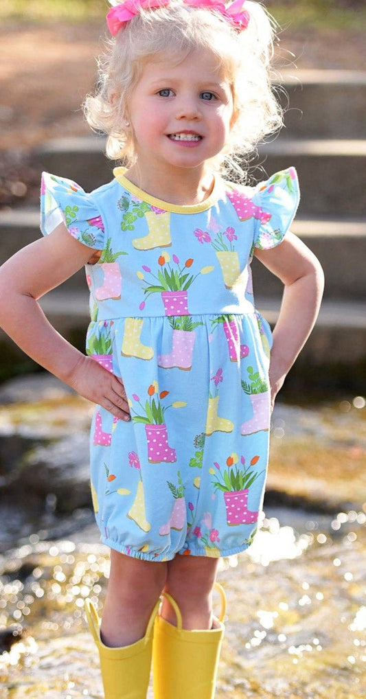 April Showers Rainboot Print Knit Romper: