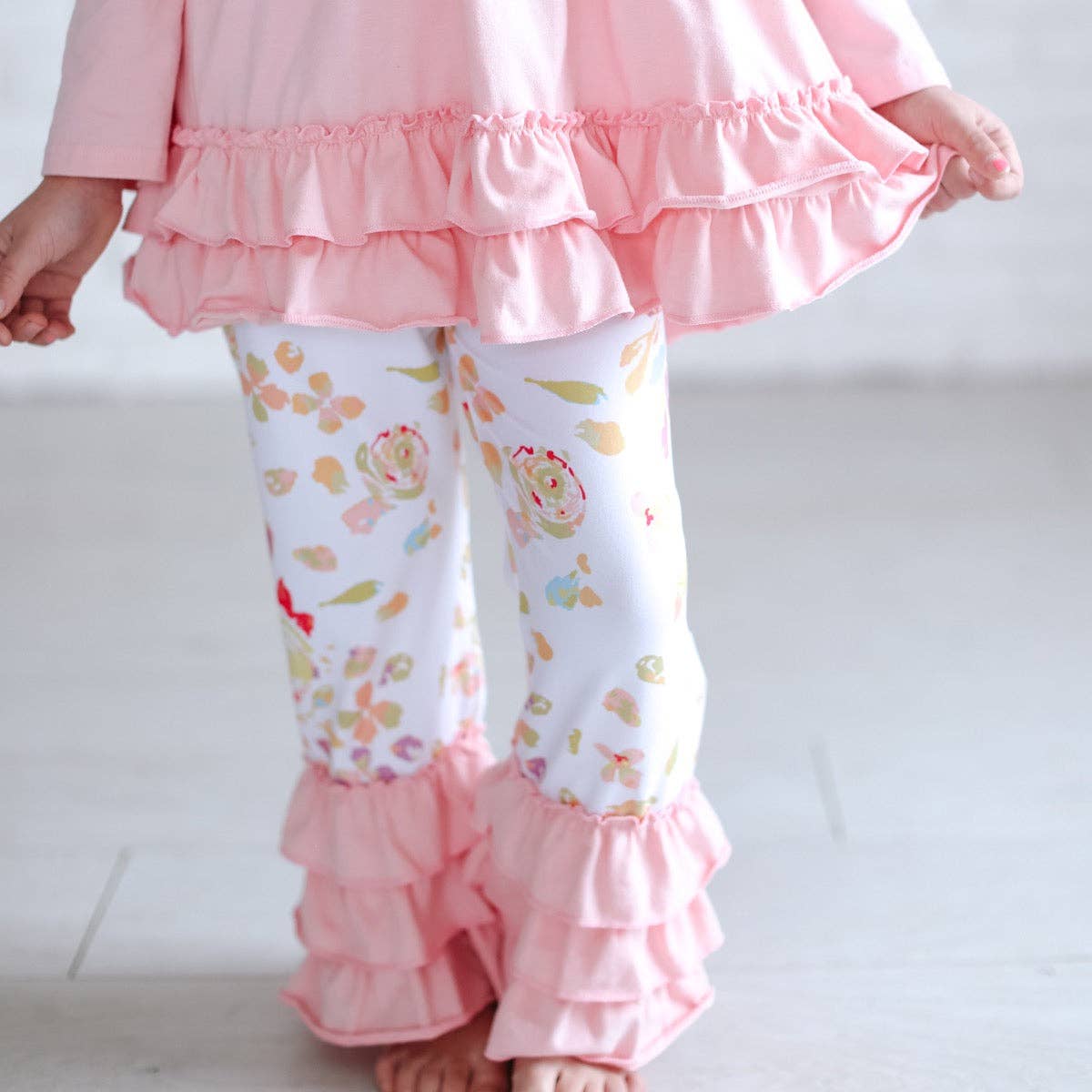 Kids Pink Floral Long Sleeve Ruffle Top & Bottom Set
