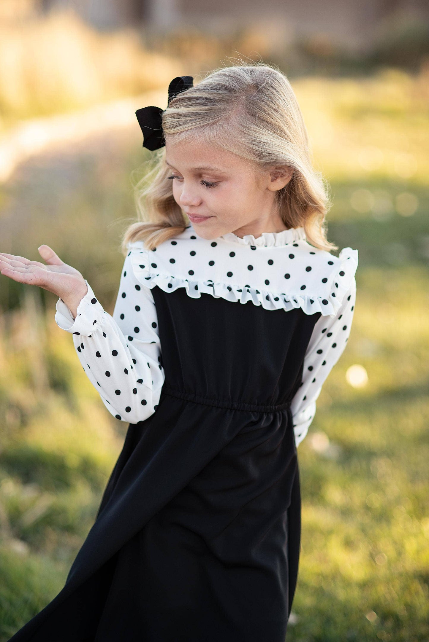Girls Classic Black Polka Dot Ruffle Yolk Dress: