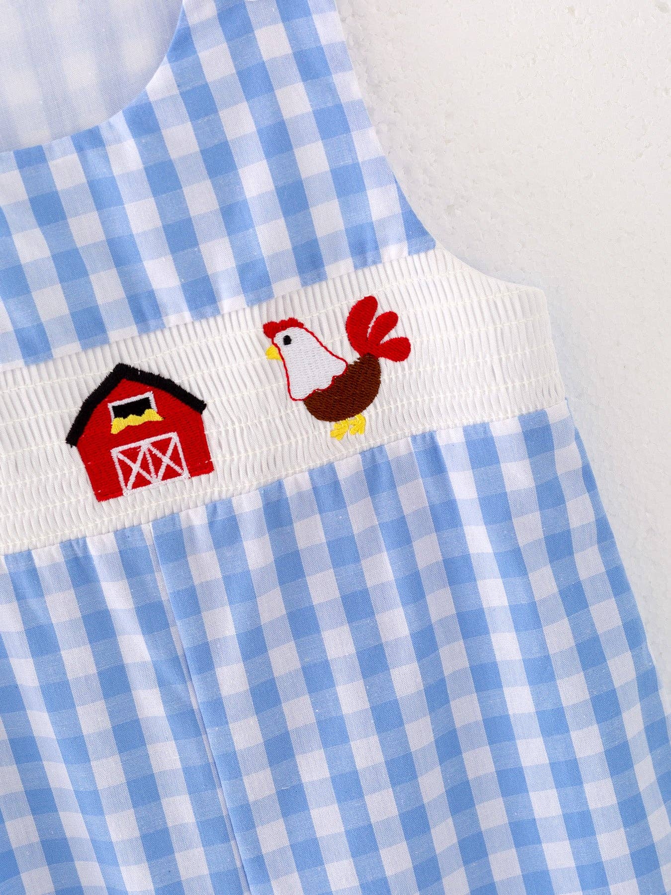 Farm Boys Plaid Woven Smocking Embroidered Romper: Blue / 6M