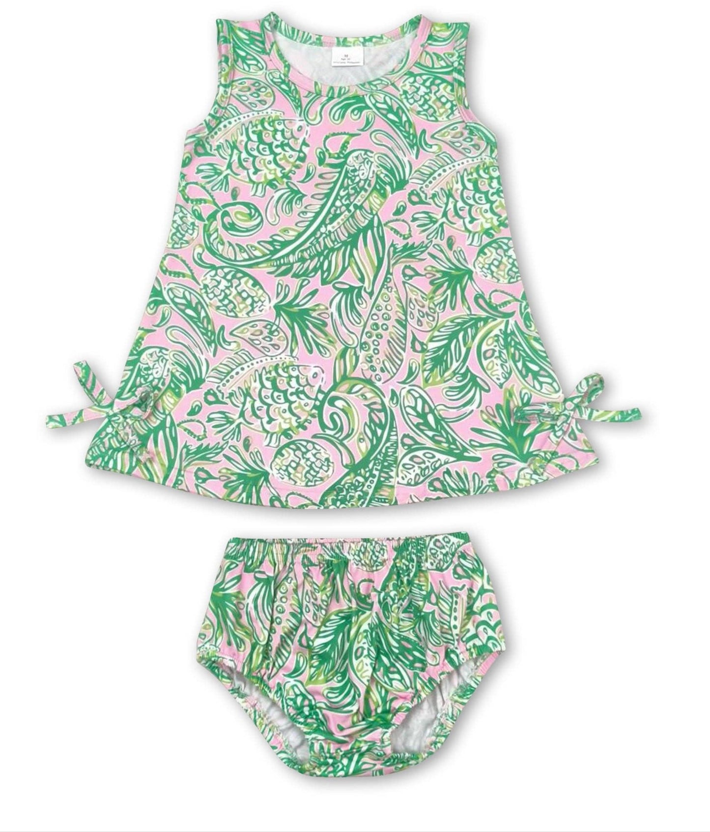 Sleeveless green pink Lily Like baby girls bummies set