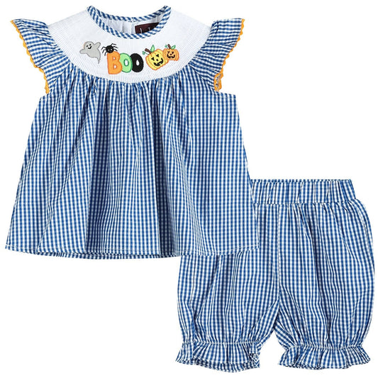 Blue 'Boo' Gingham Smocked Top and Bloomers Set Halloween