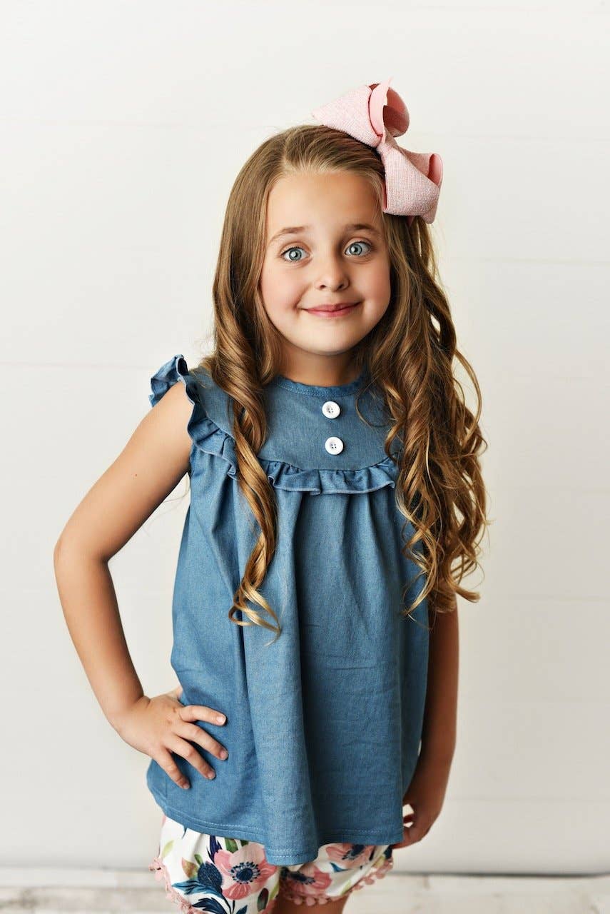 Girls Jean Floral Ruffle Button Two Piece Set: 10/12