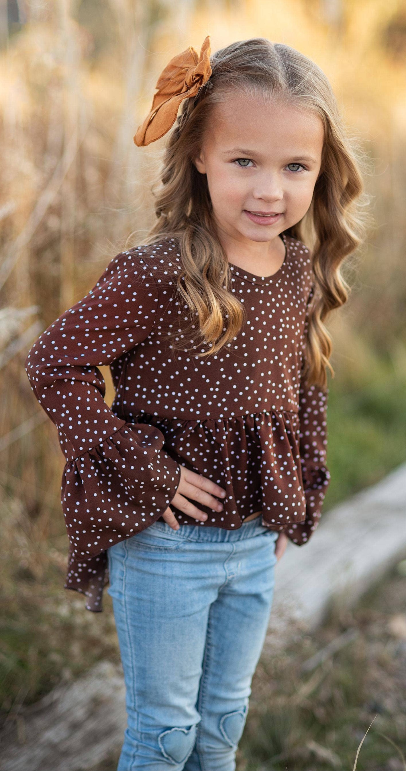 Girls Brown Polka Dot Hi Lo Ruffle Shirt Blouse: 10/12