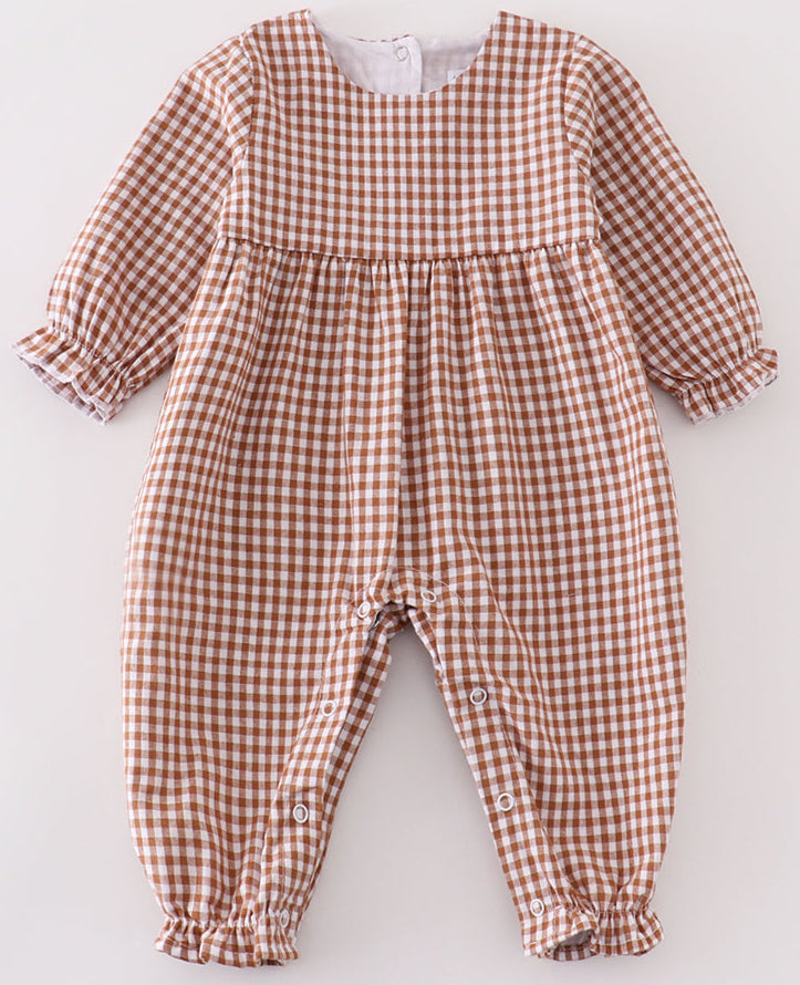 CARAMEL GINGHAM GIRL ROMPER *Perfect for Monogram*