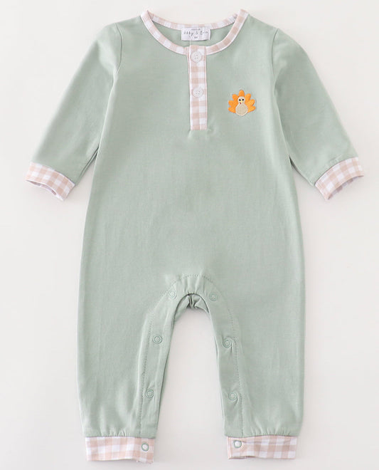 GREEN TURKEY EMBROIDERY BOY ROMPER