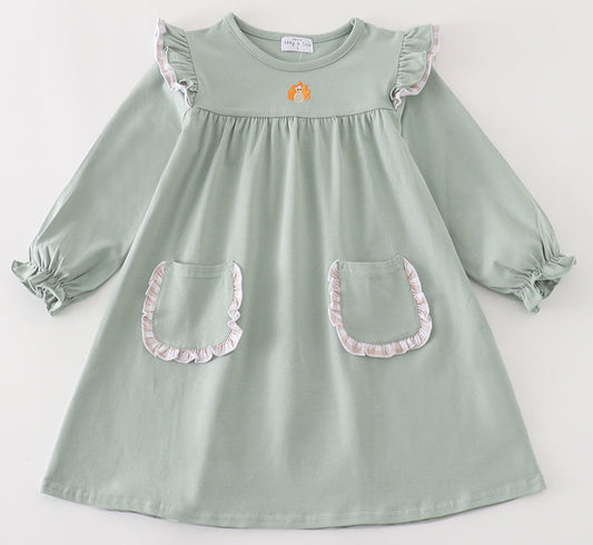 GREEN TURKEY EMBROIDERY POCKET DRESS