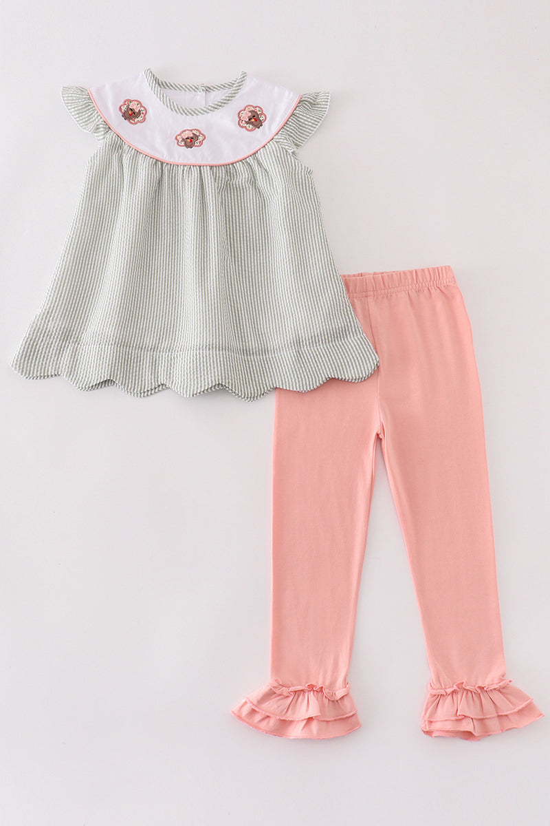 PREMIUM GREEN TURKEY EMBROIDERY STRIPE GIRL SET