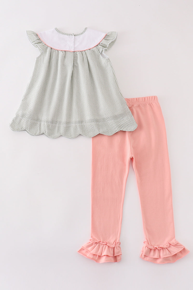 PREMIUM GREEN TURKEY EMBROIDERY STRIPE GIRL SET