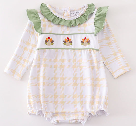 PREMIUM GREEN TURKEY EMBROIDERY PLAID GIRL BUBBLE