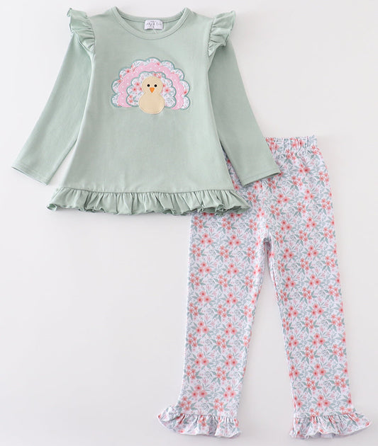 GREEN and FLORAL TURKEY EMBROIDERY GIRL SET