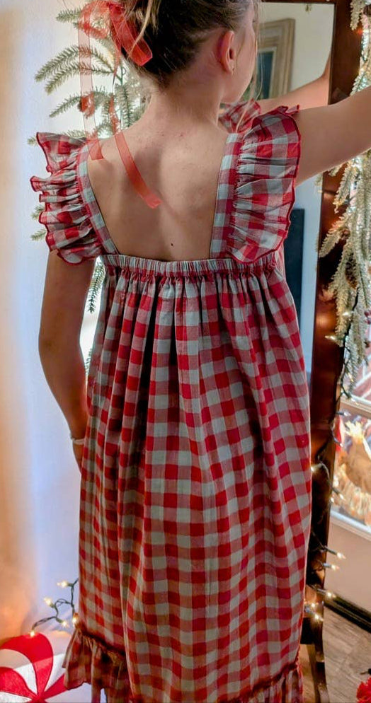 Cotton Red Checked Ruffled Sleeve Dress (*Runs Big)
