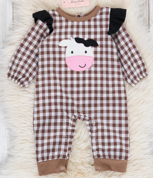 Brown Gingham Cow Romper