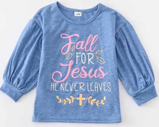 Soft Blue Long Sleeve "Fall for Jesus" Girl Shirt
