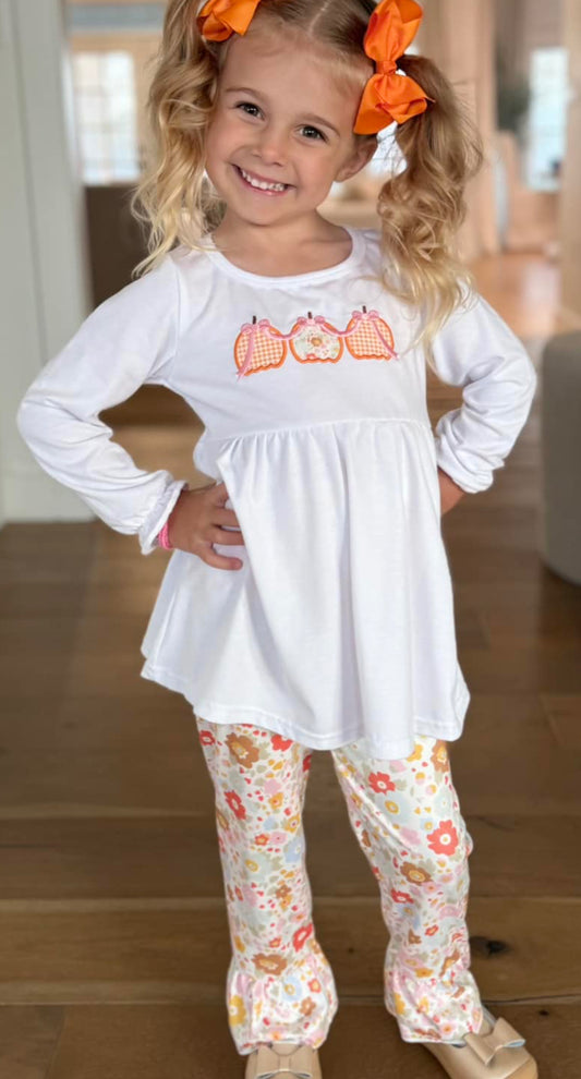 White pumpkin tunic floral pants girls fall clothing:
